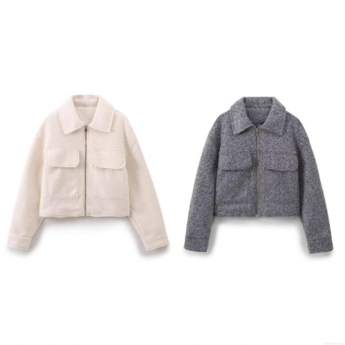 Women's Woolen Texture Short Jacket Zip-Up Lapel Coat With Pockets Solid Color Thick Outwear Streetwear Style For Autumn Winter Ladies