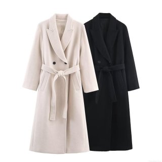 Women's Long Wool-Like Coat Polyester Double Breasted Belted Jacket Trench Coat For Winter Autumn Western Style Elegant Lady Outerwear Solid Color