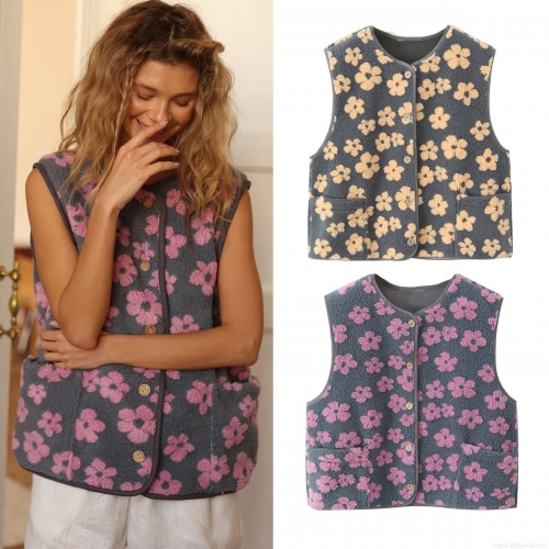 Women's Polar Fleece Floral Vest Round Neck Sleeveless Lamb Wool Jacket Casual Warm Outerwear Waistcoat With Wood Buttons Pockets For Autumn Winter