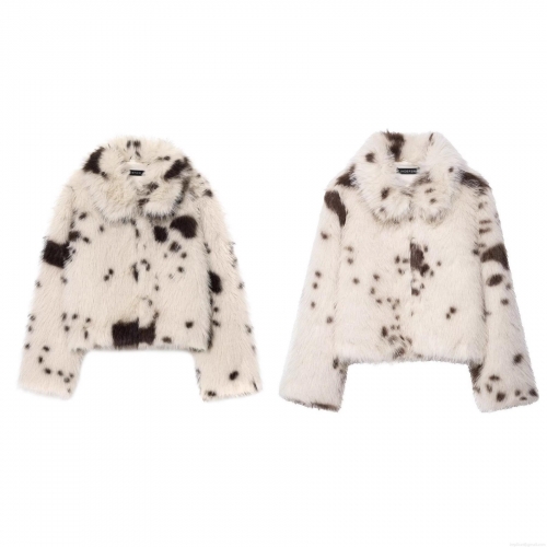 Women's Faux Fur Animal Print Jacket Lapel Long Sleeve Polyester Button Short Coat Outerwear Cow Print Autumn Winter Streetwear