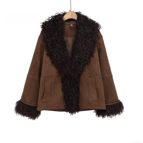 Women's Suede Faux Fur Patchwork Jacket Winter Warm Long Sleeve Outwear Street Style Coffee Solid Color Single Breasted Coat For Women