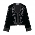 Women's Luxury Black Polyester Velvet Jacket With Heavy Floral Embroidery Vintage Street Style Long Sleeve V-Neck Open Front Cardigan Coat For Party