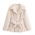 Women's Faux Fur Coat Winter Fashion Lapel Mid-Length Jacket With Waist Belt Solid Color Warm Streetwear Outerwear Creamy White