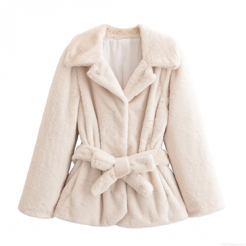 Women's Faux Fur Coat Winter Fashion Lapel Mid-Length Jacket With Waist Belt Solid Color Warm Streetwear Outerwear Creamy White