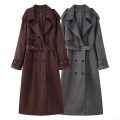 Women's Double Breasted Long Coat Faux Suede Wool Blend Polyester Fabric Lapel Trench Coat With Belt 2025 Winter Casual Streetwear Outerwear Jacket