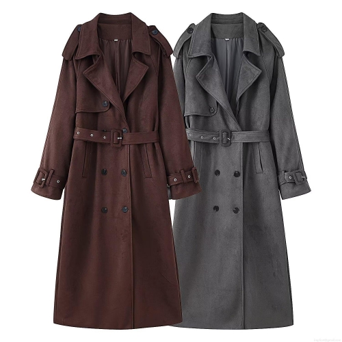 Women's Double Breasted Long Coat Faux Suede Wool Blend Polyester Fabric Lapel Trench Coat With Belt 2025 Winter Casual Streetwear Outerwear Jacket