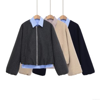 Women Autumn Winter Loose Patchwork Striped Fake Two Piece Woolen Jacket Streetwear Lapel Zipper Baseball Uniform Casual Outerwear