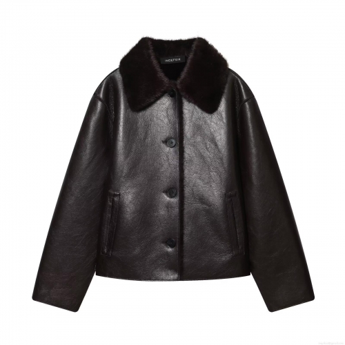 Women's Fashion Faux Leather Jacket With Faux Fur Collar Double Sided Wear Warm Autumn Winter Polyester Biker Coat Streetwear Ladies Outerwear