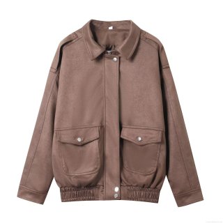 Women's Oversized Bomber Jacket Vintage Suede Texture Lapel Zip Up Jacket Coat With Pockets Casual Streetwear Outerwear For Autumn Winter Ladies Brown