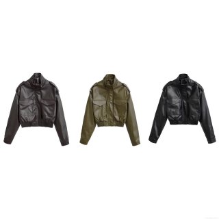 Women's Short PU Leather Jacket Cargo Style Stand Collar Long Sleeve Zipper Coat With Epaulettes Pockets Streetwear Casual Outerwear For Ladies