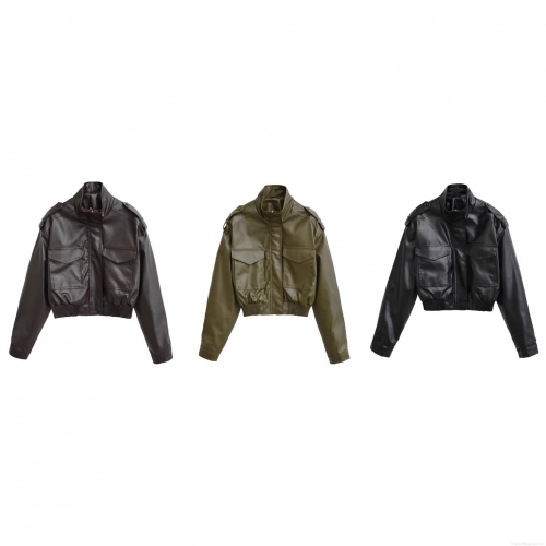 Women's Short PU Leather Jacket Cargo Style Stand Collar Long Sleeve Zipper Coat With Epaulettes Pockets Streetwear Casual Outerwear For Ladies
