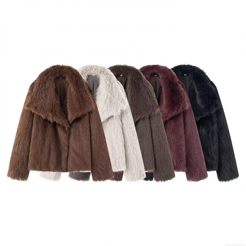 Women Faux Fur Coat Oversized Lapel Long Sleeve Open Front Warm Winter Jacket Street Style Polyester Outwear Solid Color Fashion Ladies Chic Overcoat