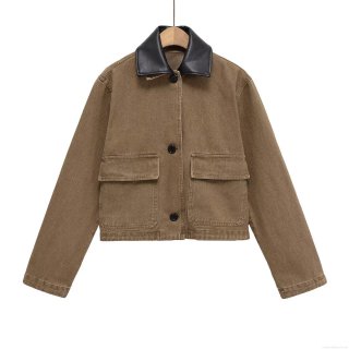 Women's Retro Short Jacket With Spliced PU Leather Collar Long Sleeve Street Style Cotton Blend Outerwear With Flap Pockets Casual Autumn Coat For Lady