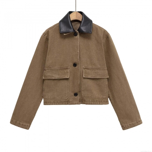 Women's Retro Short Jacket With Spliced PU Leather Collar Long Sleeve Street Style Cotton Blend Outerwear With Flap Pockets Casual Autumn Coat For Lady