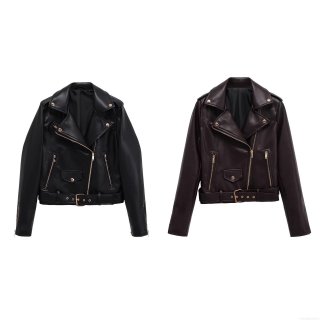 Women's PU Leather Biker Jacket With Belt Long Sleeve Lapel Collar Gold Zipper Faux Leather Motorcycle Coat For Streetwear Party Ladies Autumn Winter Outwear