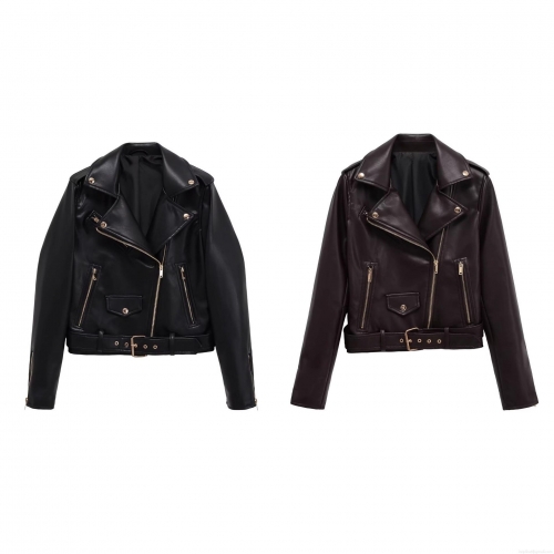 Women's PU Leather Biker Jacket With Belt Long Sleeve Lapel Collar Gold Zipper Faux Leather Motorcycle Coat For Streetwear Party Ladies Autumn Winter Outwear