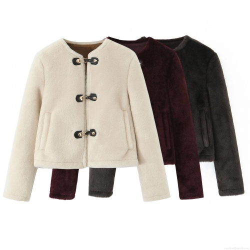 Women's Faux Fur Jacket With Metal Buckle Round Neck Long Sleeve Polyester Streetwear Winter Warm Outerwear Coat