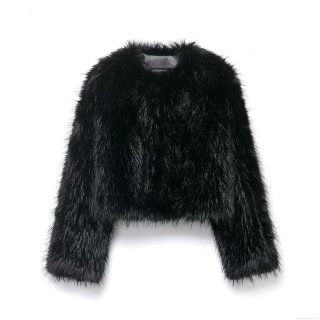 Women's Faux Fur Jacket Round Neck Long Sleeve Short Outerwear Solid Black Warm Shaggy Coat For Streetwear Party Winter Autumn Lady