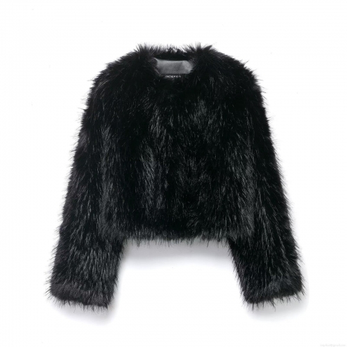 Women's Faux Fur Jacket Round Neck Long Sleeve Short Outerwear Solid Black Warm Shaggy Coat For Streetwear Party Winter Autumn Lady