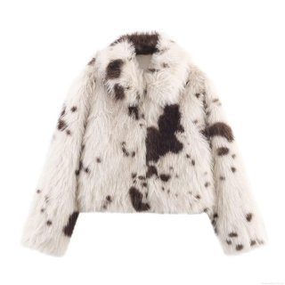 Women Luxury Faux Fur Jacket Cow Print Lapel Loose Fit Long Sleeve Autumn Winter Warm Plush Coat Streetwear Outwear