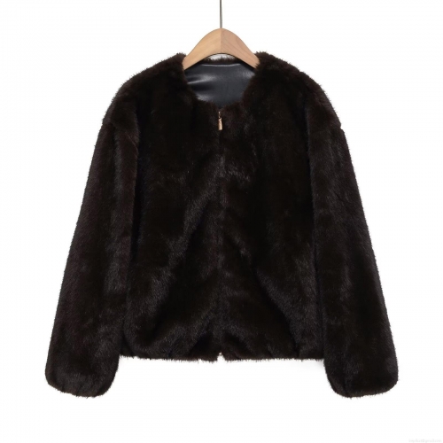 Women's Luxury Faux Fur Round Neck Zipper Jacket Autumn Winter Thick Warm Solid Color Streetwear Polyester Blend Coat Outwear For Women