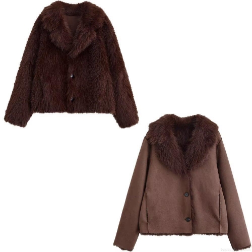 Women's Reversible Faux Fur Shearling Jacket Suede Patchwork Notched Lapel Thick Warm Coat For Autumn Winter Casual Streetwear Ladies