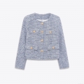 Women Elegant Blue Tweed Jacket Vintage Inspired Cropped Outerwear With Golden Buttons Long Sleeve Round Neck Casual Business Blazer Coat For Fall Winter