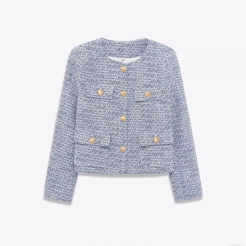 Women Elegant Blue Tweed Jacket Vintage Inspired Cropped Outerwear With Golden Buttons Long Sleeve Round Neck Casual Business Blazer Coat For Fall Winter