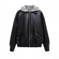 Women's Oversized Fake Two-Piece PU Faux Leather Jacket With Detachable Knit Hood Streetwear Zip Up Windproof Outerwear For Autumn Winter