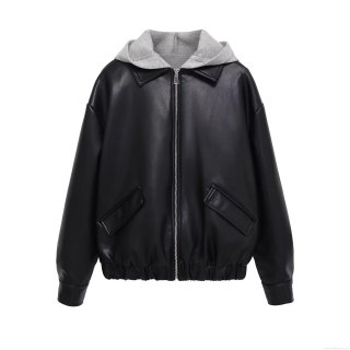 Women's Oversized Fake Two-Piece PU Faux Leather Jacket With Detachable Knit Hood Streetwear Zip Up Windproof Outerwear For Autumn Winter