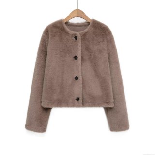 Women's Elegant Faux Fur Jacket Single Breasted Round Neck Crop Coat Autumn Winter Warm European Streetwear Solid Color Plush Outwear