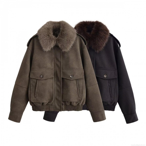 Women Vintage Faux Suede Aviator Jacket With Faux Fur Collar Warm Windproof Autumn Winter Bomber Coat Pocket Decoration Streetwear Outerwear