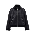 Women's Faux Leather Shearling Integrated Jacket Warm Sherpa Lined Biker Coat With Stand Collar Long Sleeve Spliced Winter Streetwear Outerwear