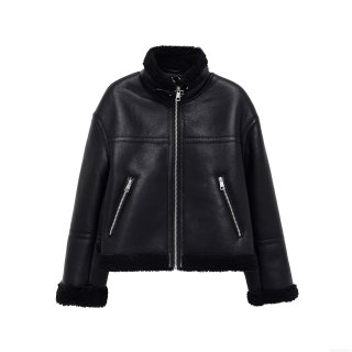 Women's Faux Leather Shearling Integrated Jacket Warm Sherpa Lined Biker Coat With Stand Collar Long Sleeve Spliced Winter Streetwear Outerwear