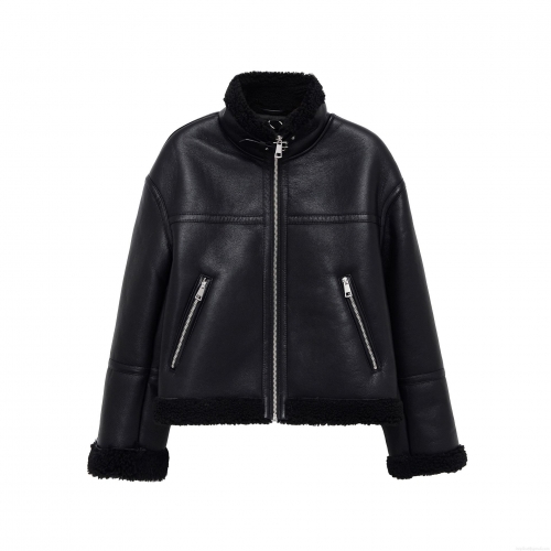 Women's Faux Leather Shearling Integrated Jacket Warm Sherpa Lined Biker Coat With Stand Collar Long Sleeve Spliced Winter Streetwear Outerwear