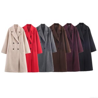 Women's Winter Double Breasted Long Woolen Coat Elegant Lapel Solid Color Overcoat Autumn Streetwear Trench Jacket Casual Outwear For Ladies
