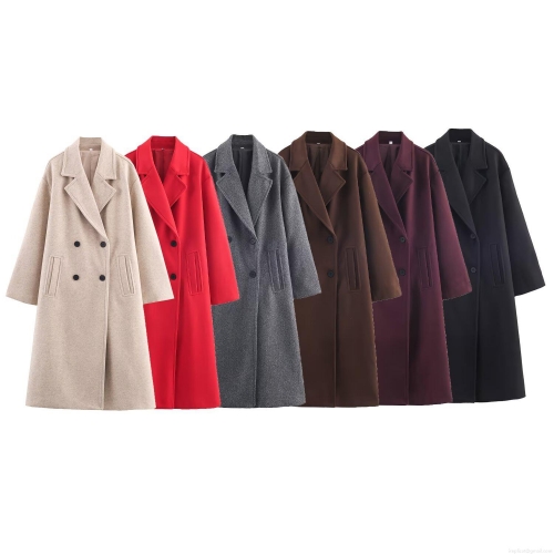 Women's Winter Double Breasted Long Woolen Coat Elegant Lapel Solid Color Overcoat Autumn Streetwear Trench Jacket Casual Outwear For Ladies