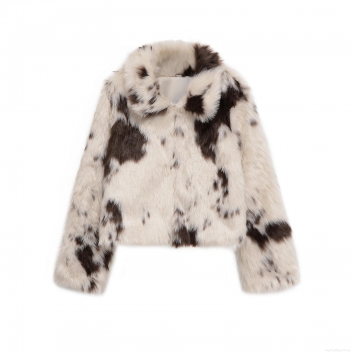 Women's Fashion Cow Print Faux Fur Jacket Thick Warm 100% Polyester Lapel Zipper Short Coat For Autumn Winter Streetwear Ladies Chic Outwear