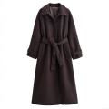 Women's Elegant Long Woolen Look Overcoat With Belt Autumn Winter Solid Color Lapel Single Breasted Polyester Coat For Ladies Streetwear Fashion
