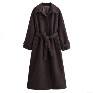 Women's Elegant Long Woolen Look Overcoat With Belt Autumn Winter Solid Color Lapel Single Breasted Polyester Coat For Ladies Streetwear Fashion