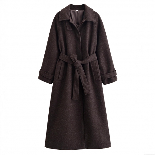 Women's Elegant Long Woolen Look Overcoat With Belt Autumn Winter Solid Color Lapel Single Breasted Polyester Coat For Ladies Streetwear Fashion