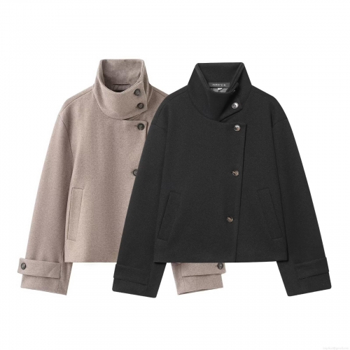Women's Autumn Winter Short Woolen Jacket Stand Collar Single Breasted Polyester Blend Long Sleeve Street Style Minimalist Coat Outerwear