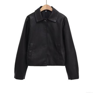 Women's PU Synthetic Leather Jacket Fashion Turnover Collar Long Sleeve Zipper Baseball Jacket Casual Street Style Black Faux Leather Outerwear For Women