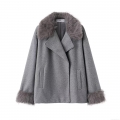 Women's Casual Grey Faux Fur Trim Woolen Overcoat Elegant Lapel Patchwork Long Sleeve Winter Jacket Solid Warm Outerwear For Lady Stylish Streetwear