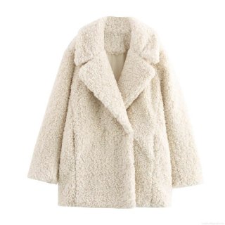 Women's Faux Fur Teddy Fleece Coat Mid-Length Suit Collar Off-White Warm Winter Outerwear Street Style Loose Jacket For Women