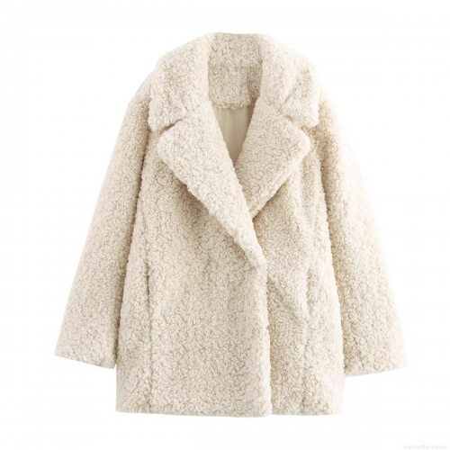 Women's Faux Fur Teddy Fleece Coat Mid-Length Suit Collar Off-White Warm Winter Outerwear Street Style Loose Jacket For Women