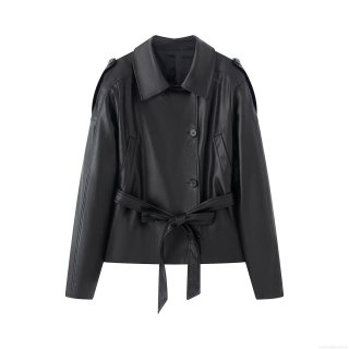 Women's Black PU Leather Jacket With Belt Long Sleeve Notched Lapel Button Down Short Trench Coat Autumn Winter Solid Color Slim Biker Outerwear For Ladies