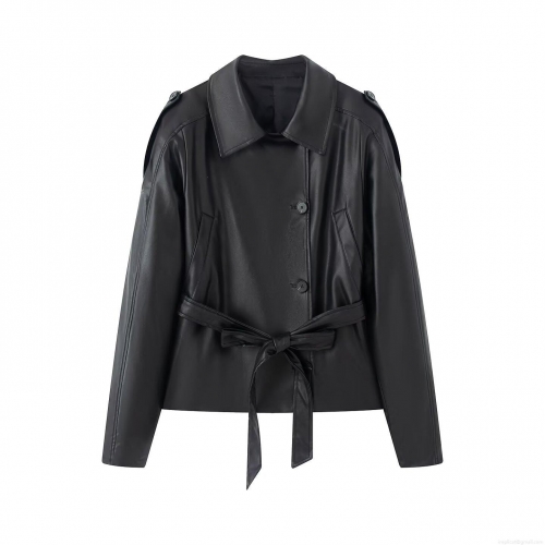 Women's Black PU Leather Jacket With Belt Long Sleeve Notched Lapel Button Down Short Trench Coat Autumn Winter Solid Color Slim Biker Outerwear For Ladies