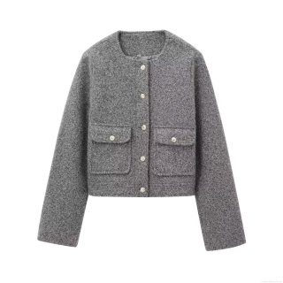 Women Round Neck Boucle Tweed Jacket Single Breasted Metal Button Cropped Coat Streetwear Chic Outwear For Lady Fall Winter