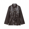 Women PU Leather Jacket With Belt Lapel Collar Gold Buttons Long Sleeve Mid Length Waist Tie Cargo Pockets Coat For Autumn Winter Street Casual Outwear